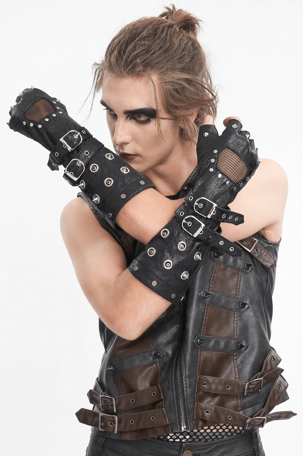 Black gothic fingerless studded leather gloves displaying full gauntlet length, metal stud embellishments, buckle straps, and mesh panel construction