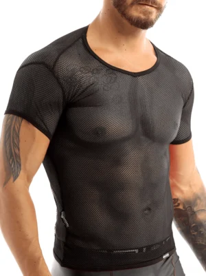 Black fishnet mesh gothic t-shirt for men with crew neck, front three-quarter view on muscular male model