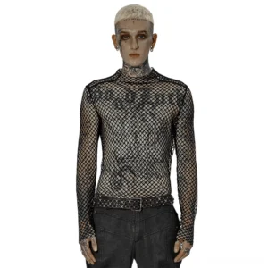 Black gothic fishnet mock neck long sleeve mesh top front view on tattooed male model