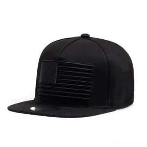 Black USA flag embroidery gothic snapback cap front studio view