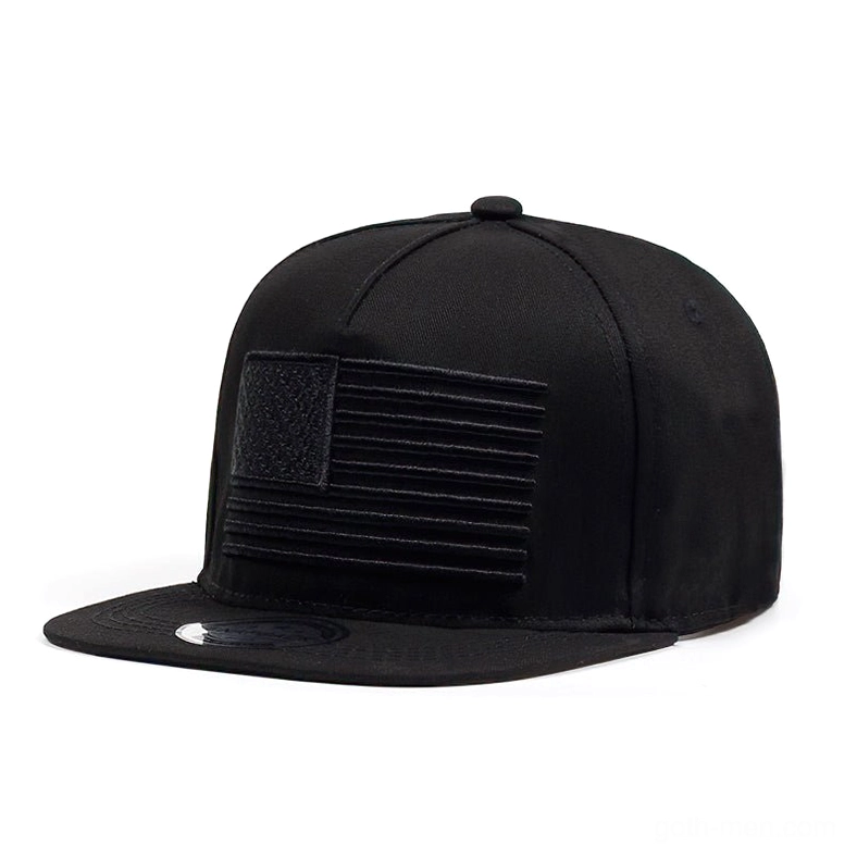 Black USA flag embroidery gothic snapback cap front studio view