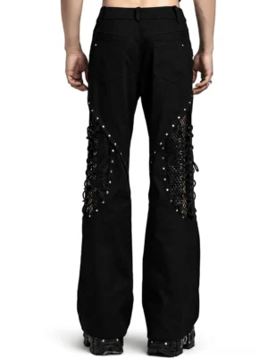 Black gothic flared trousers with lace-up rivet details back view on model