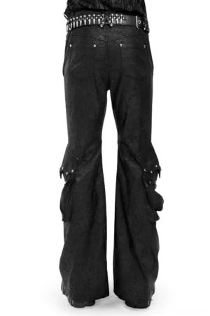 Black gothic flared cargo pants rear view on mannequin displaying studded belt loops cross waist stitching and side pocket construction