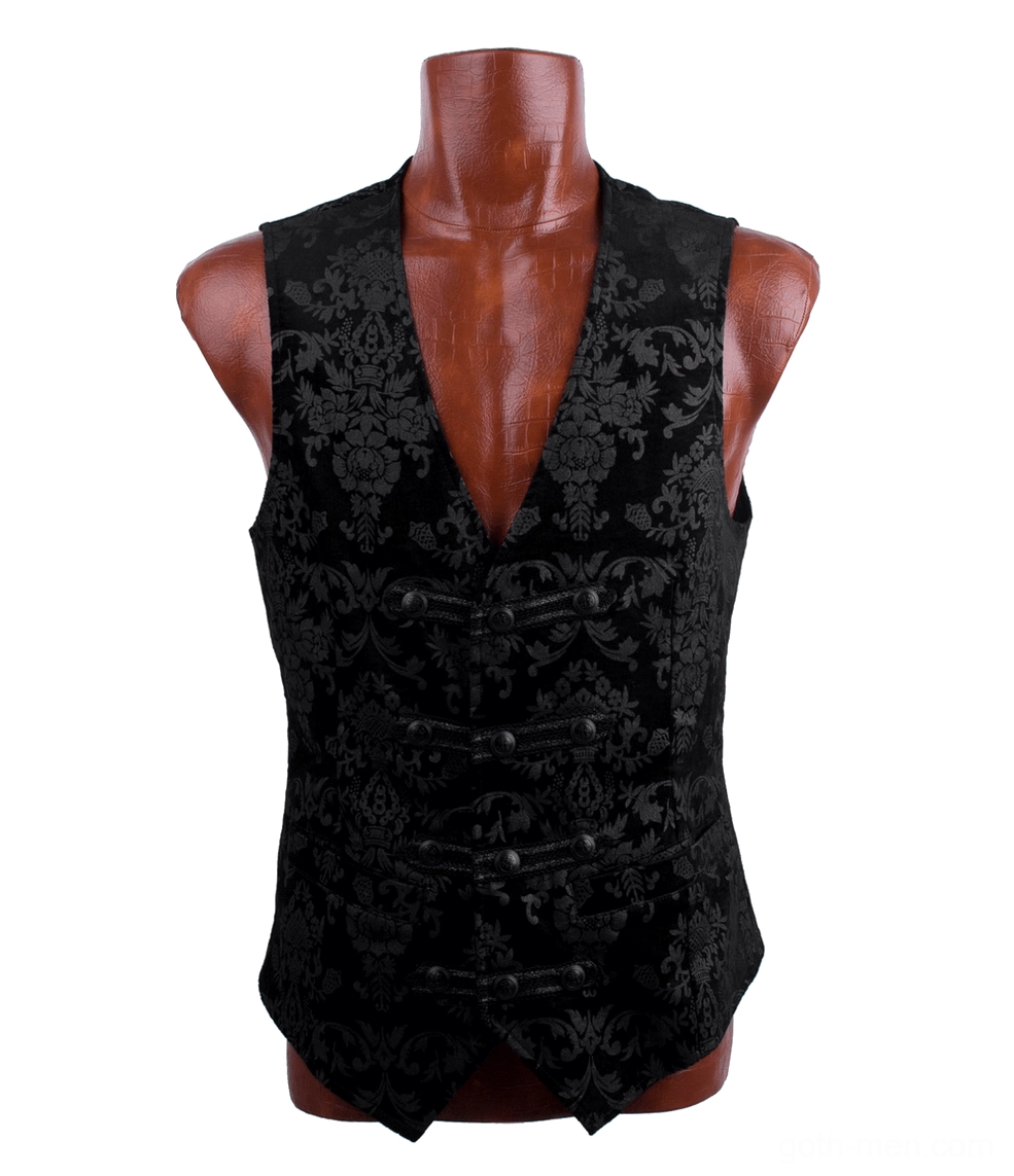Black gothic floral waistcoat displayed on dress form, front view showing V-neckline and pointed hem