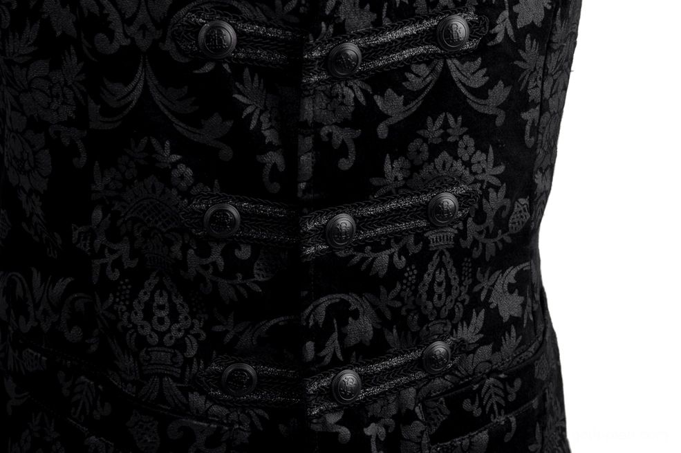 Black gothic floral jacquard waistcoat showing complete front fastening system and fitted waist design