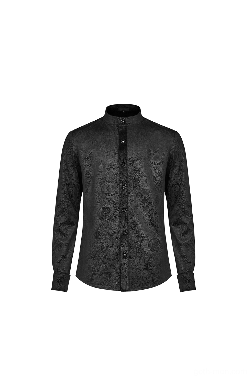 Front view of fitted black gothic shirt with stand collar and black gemstone button placket