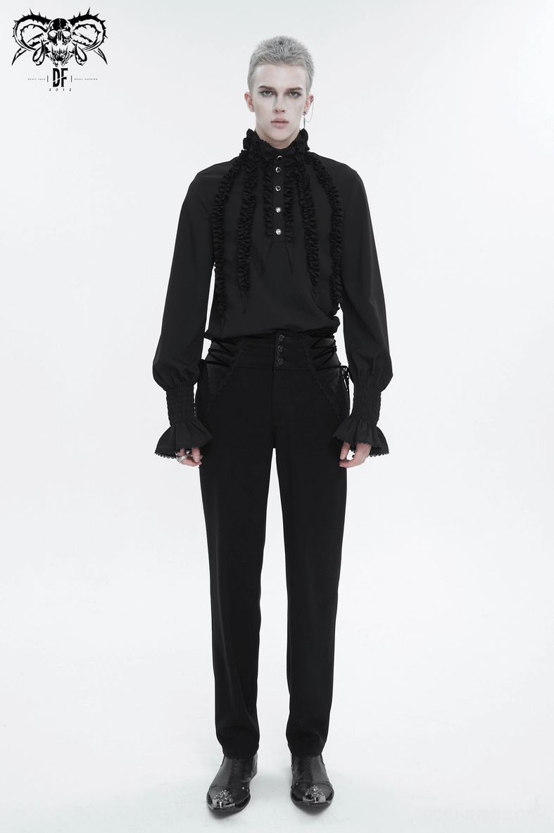 Black gothic frilly long sleeve shirt, complete front view showing decorative button placket and ruffles