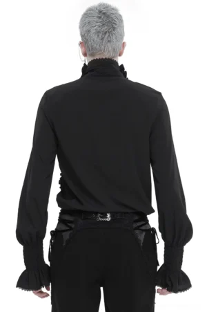 Black ruffled gothic shirt back view on model, showcasing high stand collar and smocked wrist cuffs
