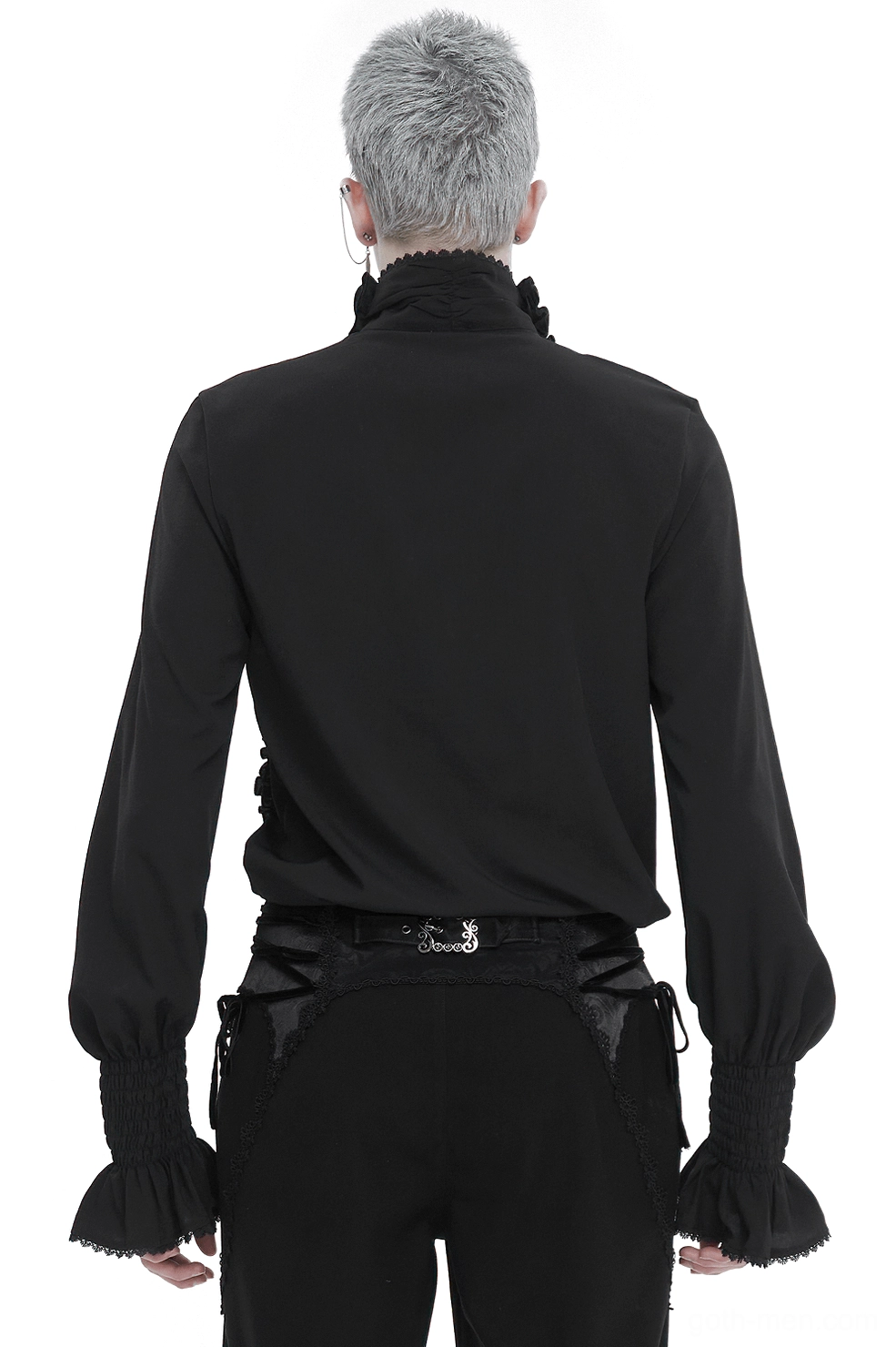 Black ruffled gothic shirt back view on model, showcasing high stand collar and smocked wrist cuffs