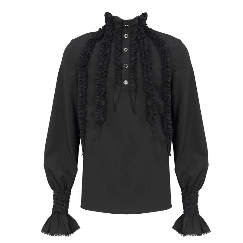 Black gothic ruffled shirt flat lay front view, decorative metal buttons and layered ruffle trims visible