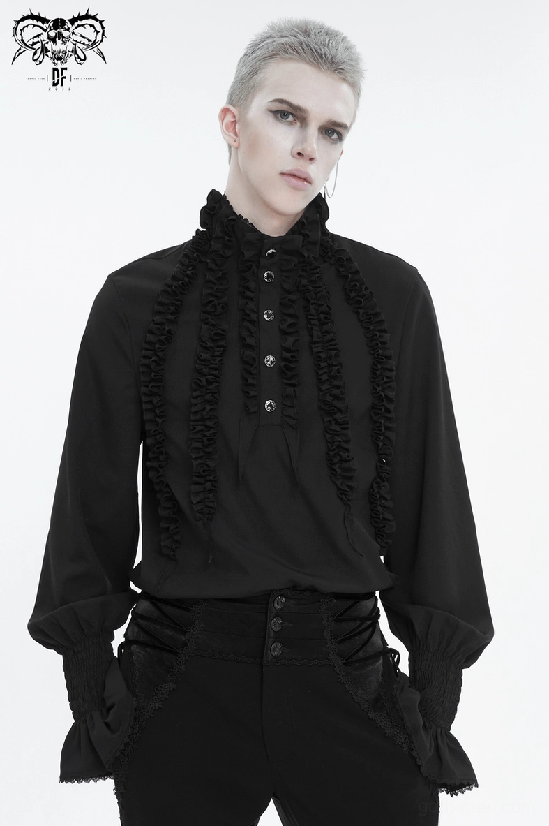 Black gothic frilly shirt on mannequin showing overall silhouette with relaxed fit and dramatic ruffles