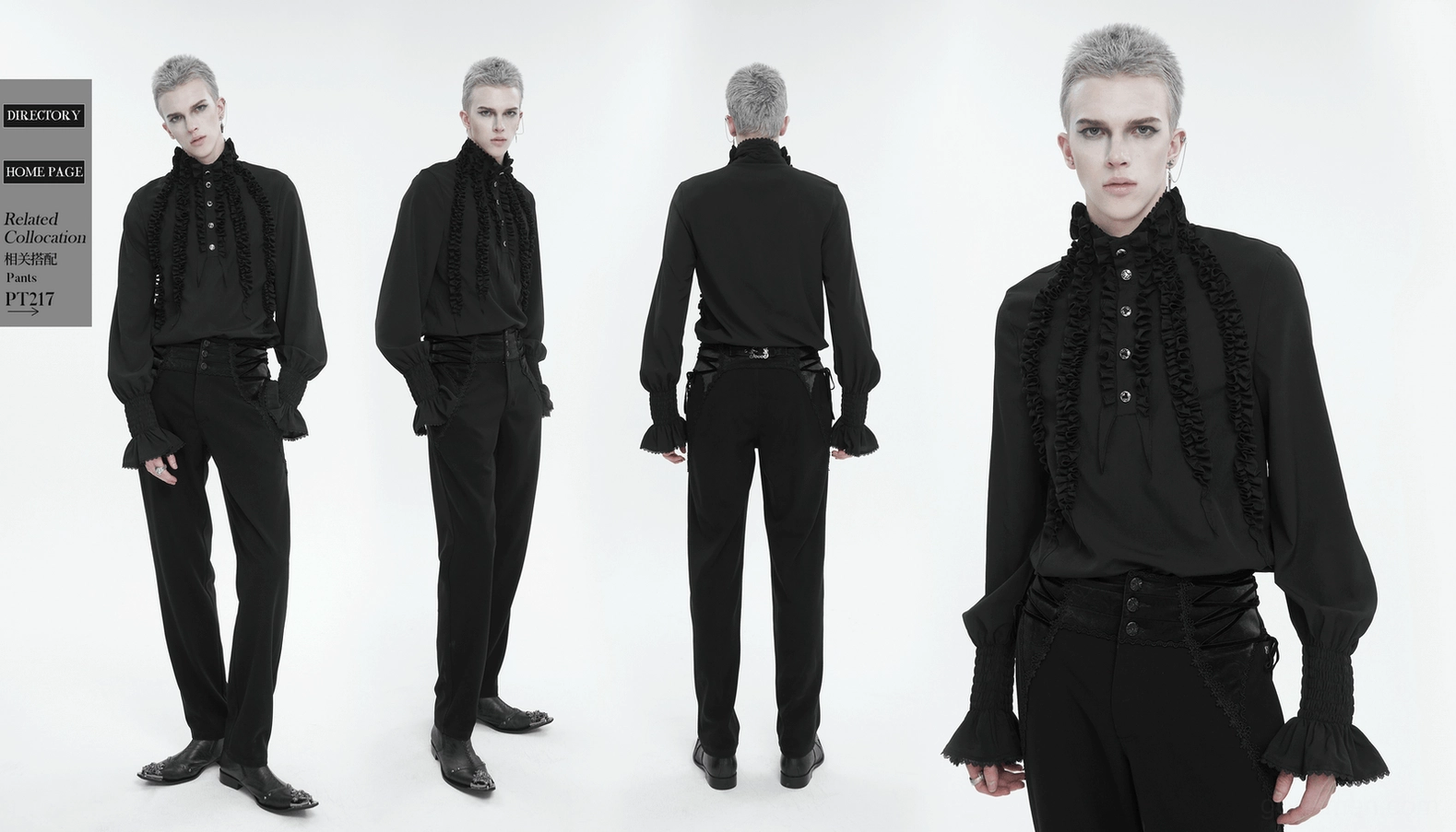 Black gothic frilly shirt model wearing complete outfit, demonstrating style and fit on body