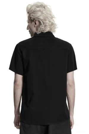 Black punk gothic shirt rear view showing minimalist solid back design and structured silhouette
