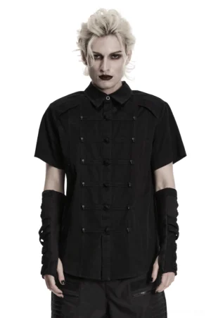 Black gothic frog button mandarin collar shirt front view on model with skull metal fasteners and arm guards