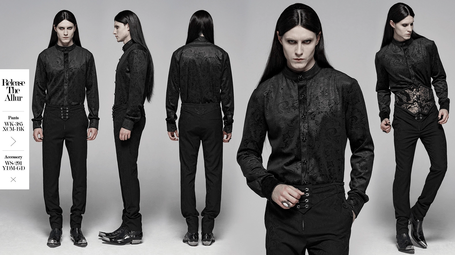 Black gothic gentleman's dress shirt with ornamental gemstone buttons, styled front presentation view