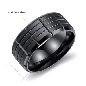 Black stainless steel gothic ring with 9mm width grid texture detail and size comparison