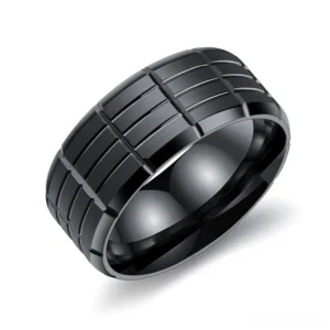 Black gothic grid stainless steel ring front view with geometric engraved pattern
