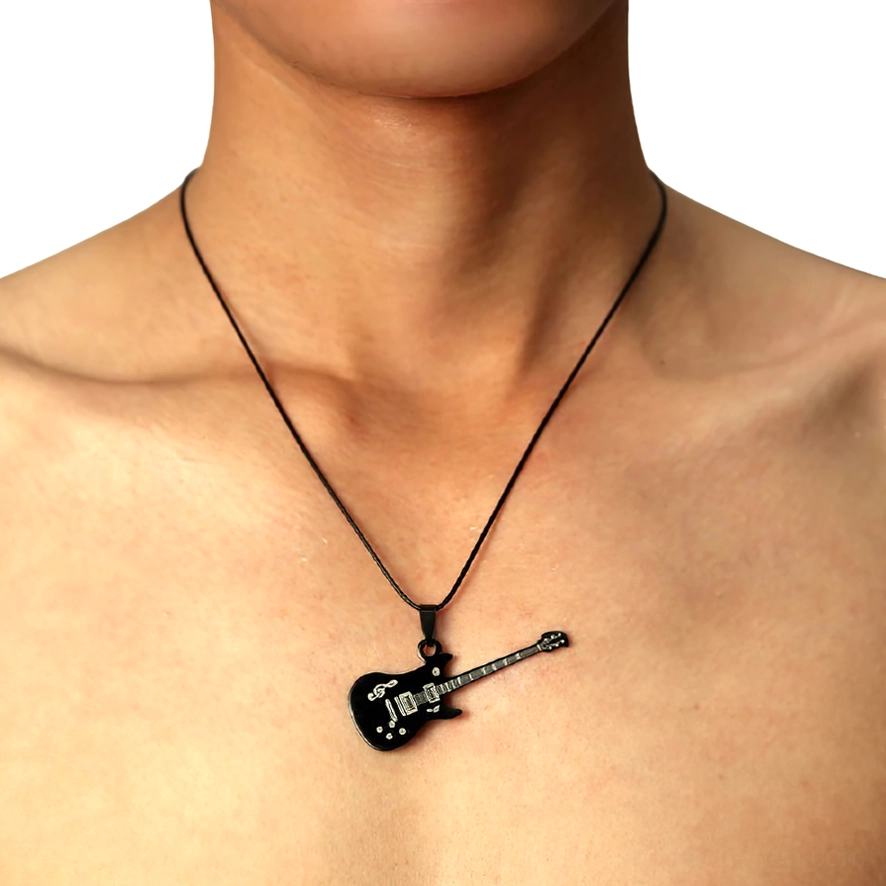 Black electric guitar pendant necklace worn by male model, close-up front view with rope chain