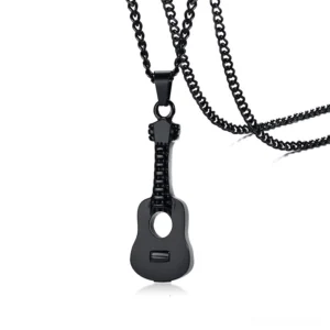 Black matte gothic guitar pendant necklace with curb chain design and screw-openable ash urn compartment top view