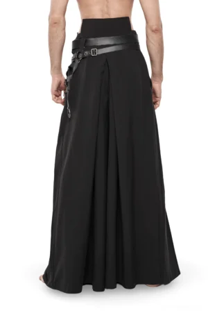 Black gothic hakama pants rear view showing back waist belt hardware and leather strap system on male model