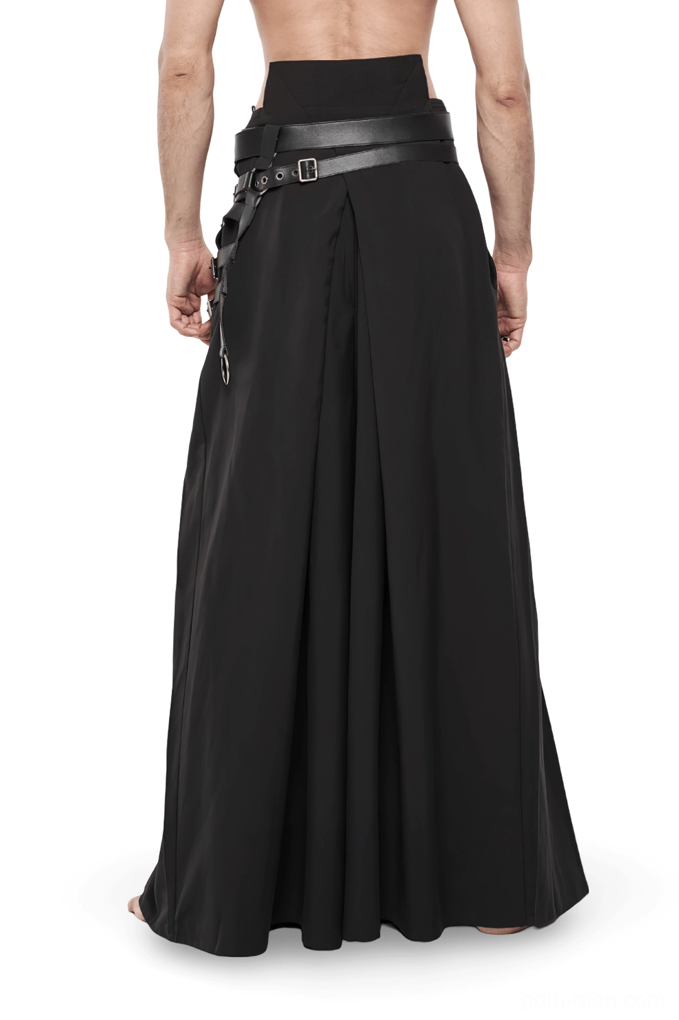 Black gothic hakama pants rear view showing back waist belt hardware and leather strap system on male model