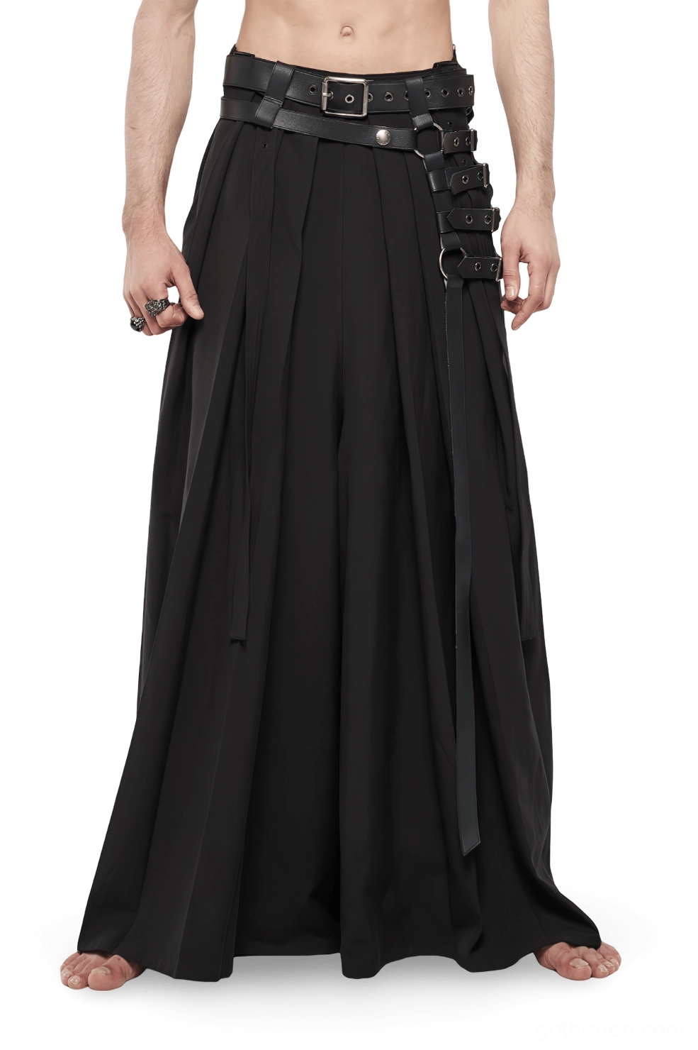 Black gothic hakama pants with leather buckle straps, front full-body view on male model, high-waisted pleated wide-leg design