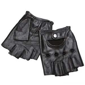 Black genuine leather half-finger gloves with snap button wrist closure and perforated ventilation design, overhead flat lay view