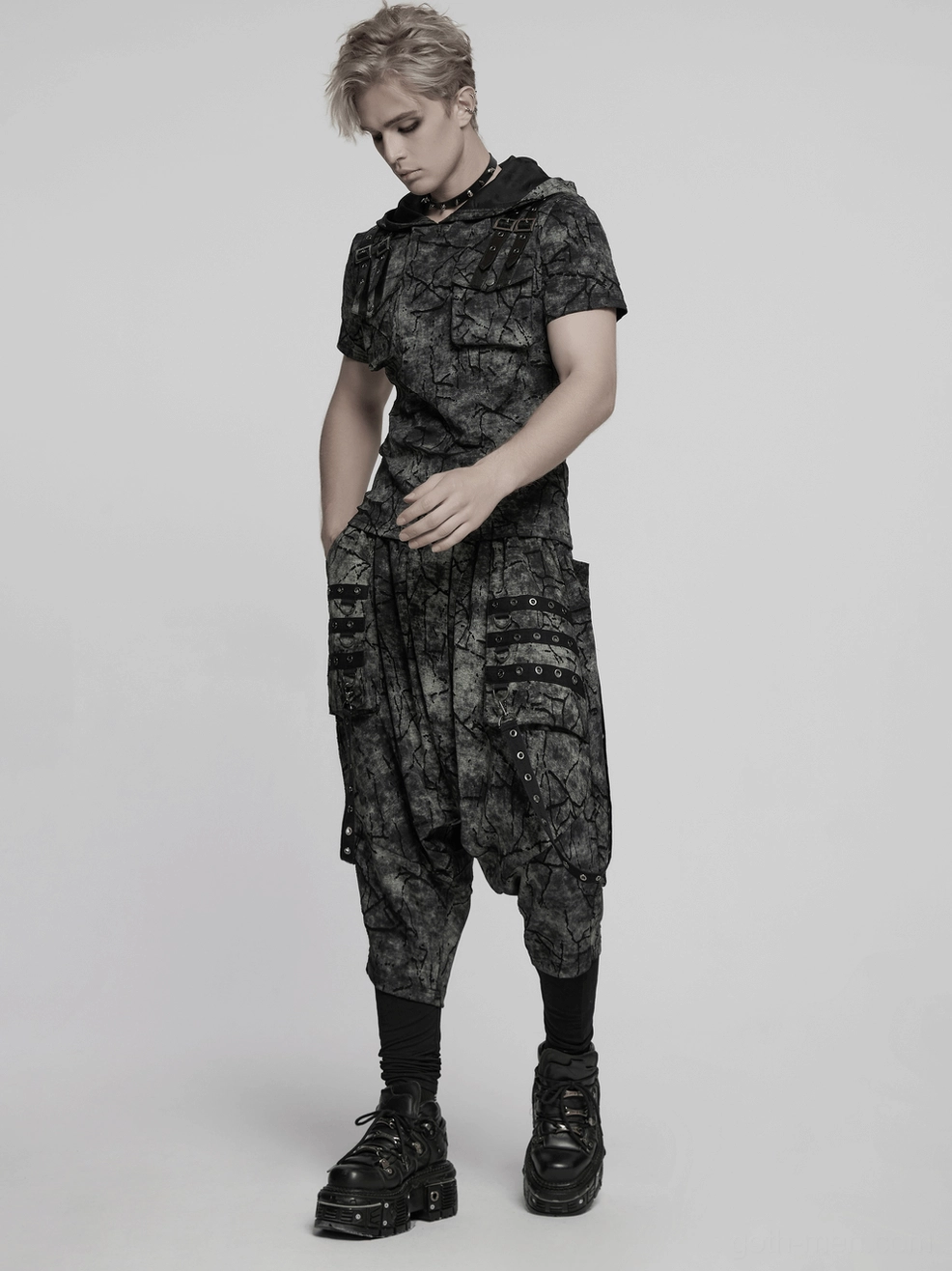 Black tie-dye gothic harem pants alternative fashion styling detail shot of drop crotch and strap elements