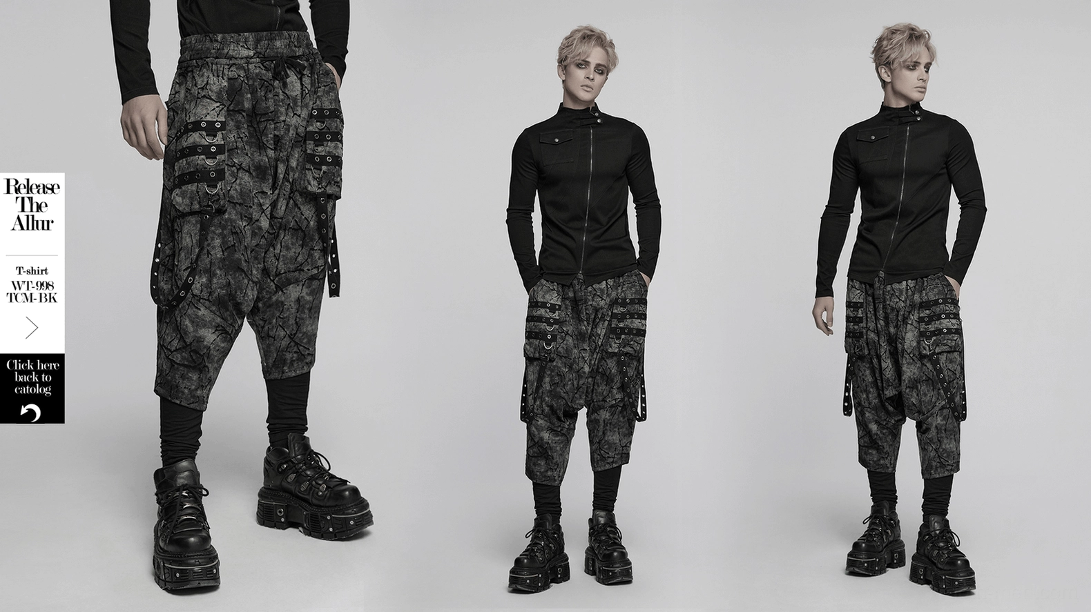 Black tie-dye gothic harem pants model wear showing relaxed fit and dramatic drop crotch proportion