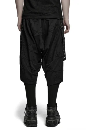 Black gothic drop-crotch harem pants rear view showing drawstring waistband