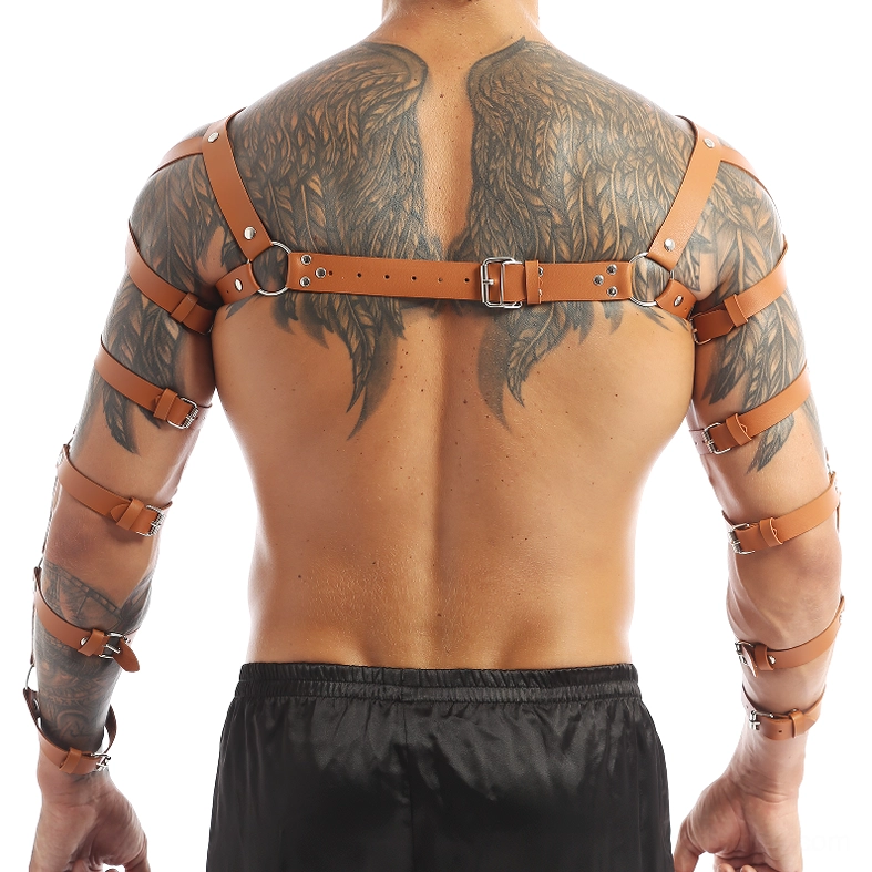 Black gothic leather harness arm strap configuration adjustability demonstration