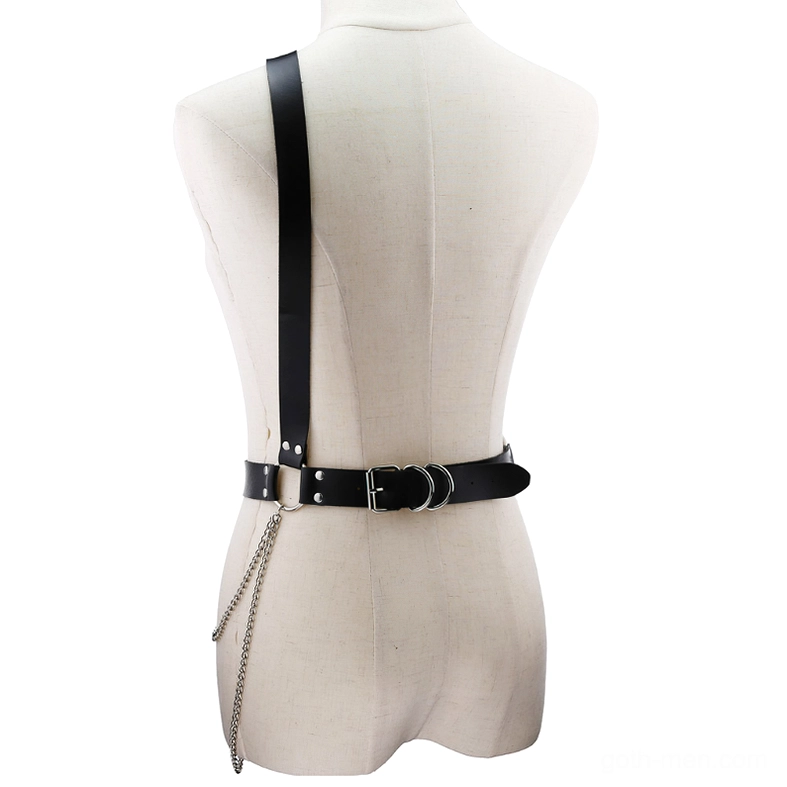 Black gothic harness belt back view showing adjustable strap configuration and chain details