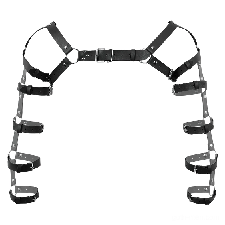 Black leather chest harness flat lay central adjustable buckle arm fixing straps metal fasteners