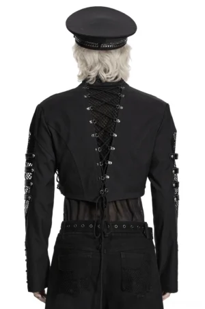 Back view of black gothic cropped jacket with full lace-up mesh design and adjustable drawstring hem