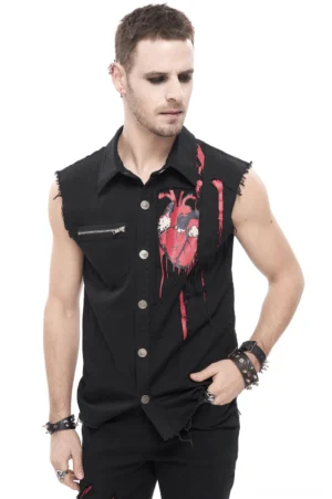 Black gothic sleeveless shirt with anatomical heart print and ripped armholes, front view on male model