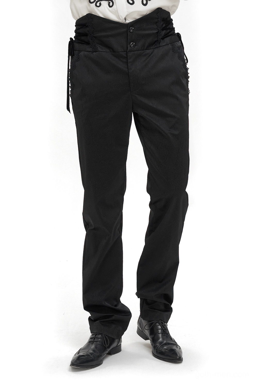 Black gothic high-waisted trousers front full-body view on male model with carved buttons and side lace-up details