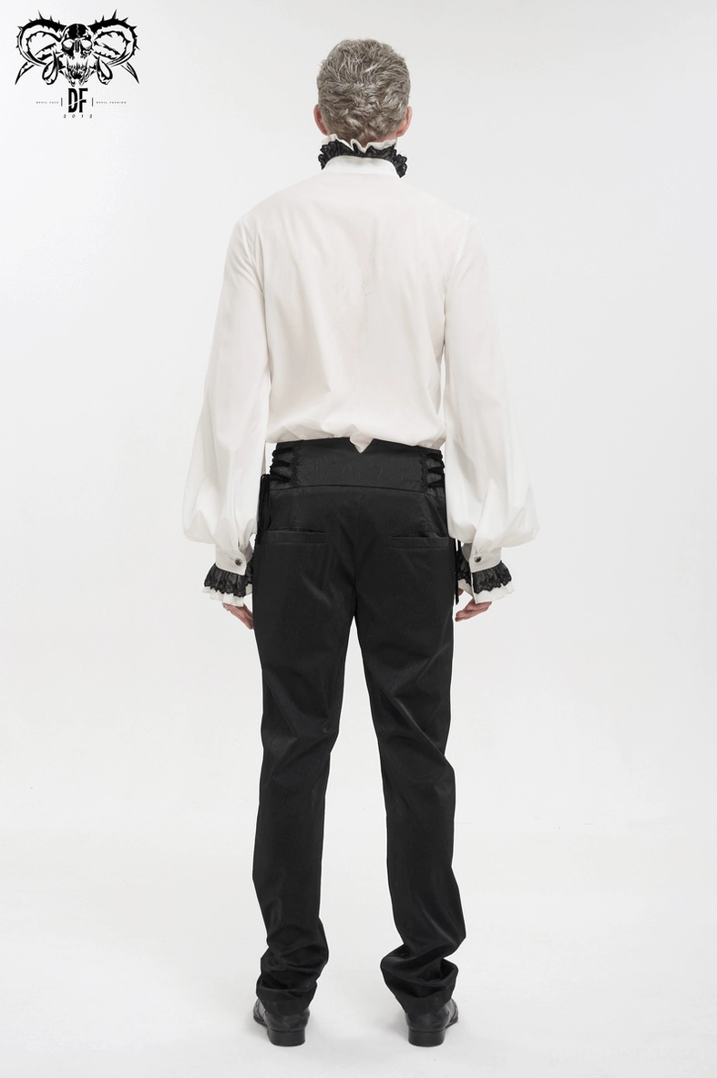 Full-length styled shot of black gothic lace-up trousers showcasing high waistline silhouette
