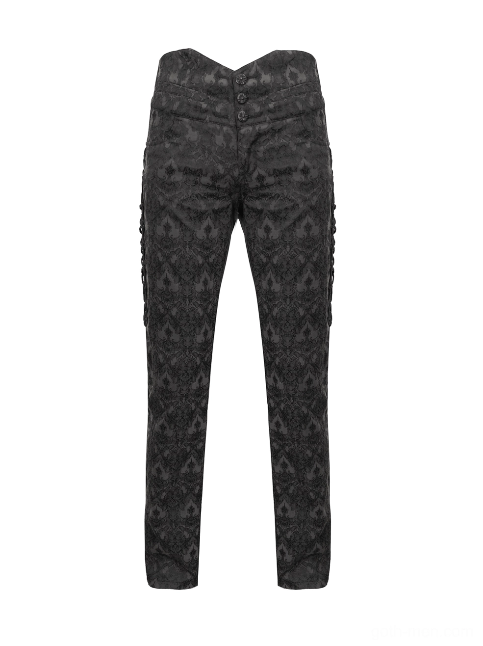 Black jacquard gothic high-waist trousers flat lay front view with heart-shaped waist and button closure