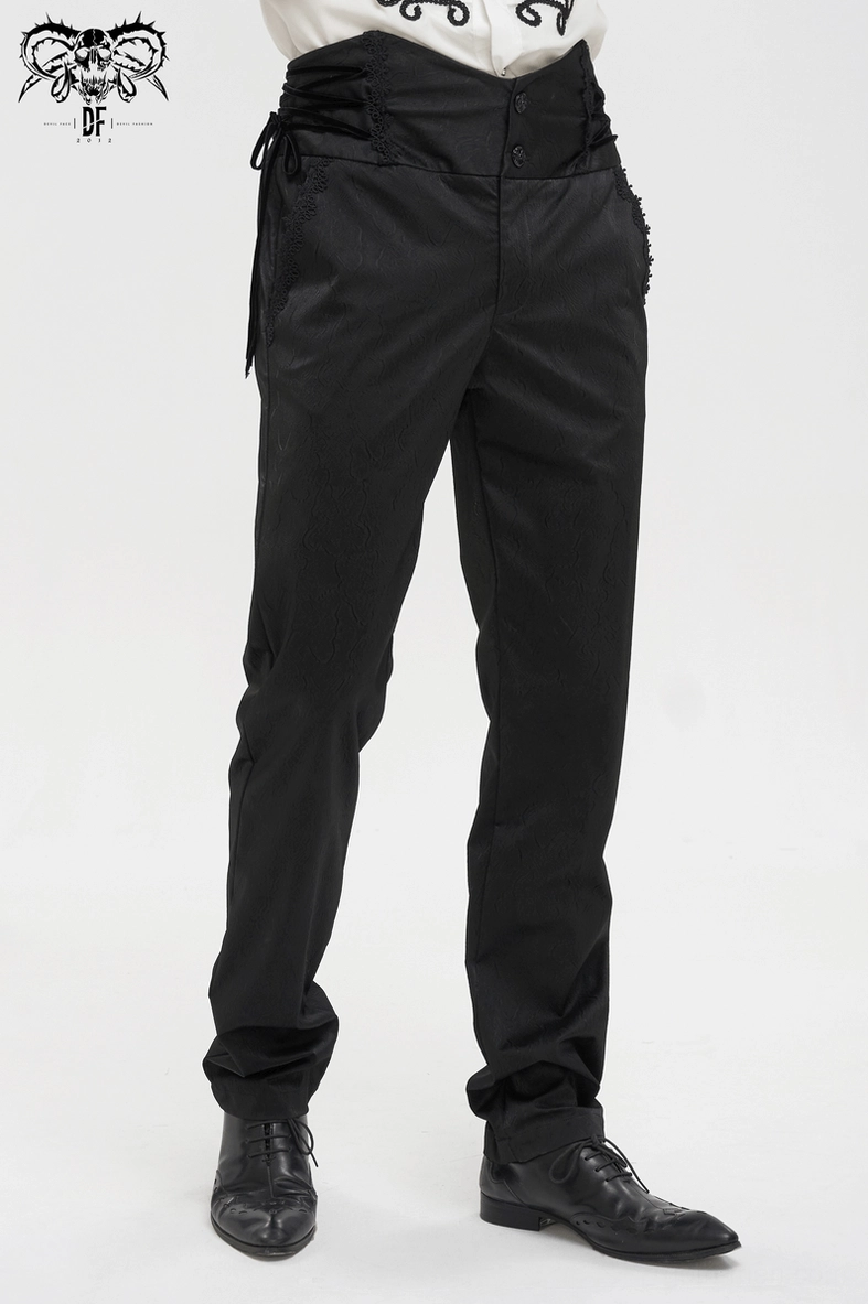 Full-body styled view of black gothic high-waisted lace-up trousers with alternative fashion aesthetic