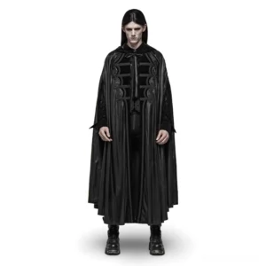 Black hooded gothic cape front view with braided embroidered trim detail and full-length draped silhouette