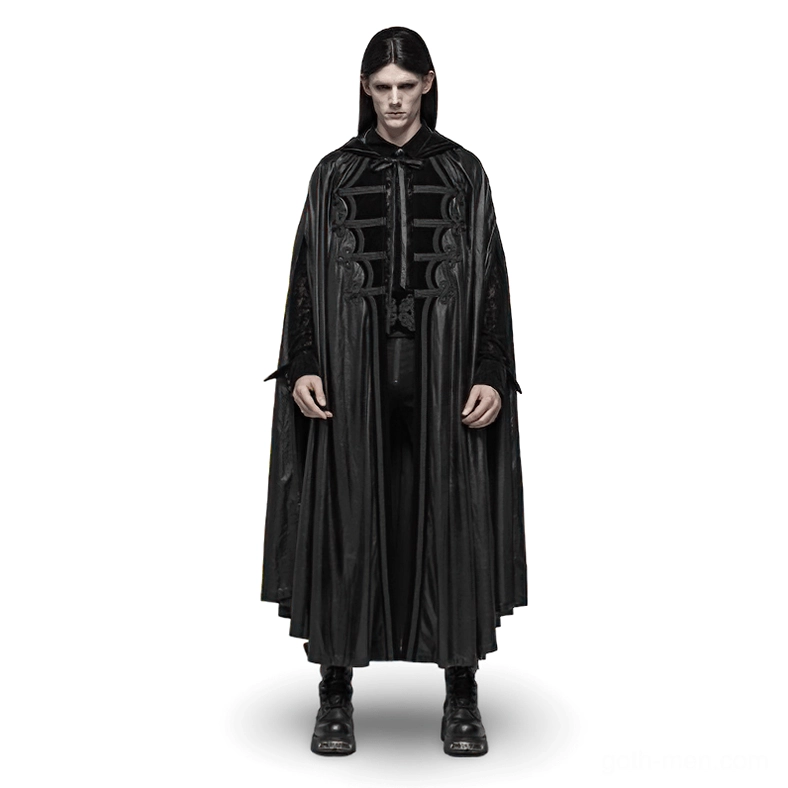 Black hooded gothic cape front view with braided embroidered trim detail and full-length draped silhouette