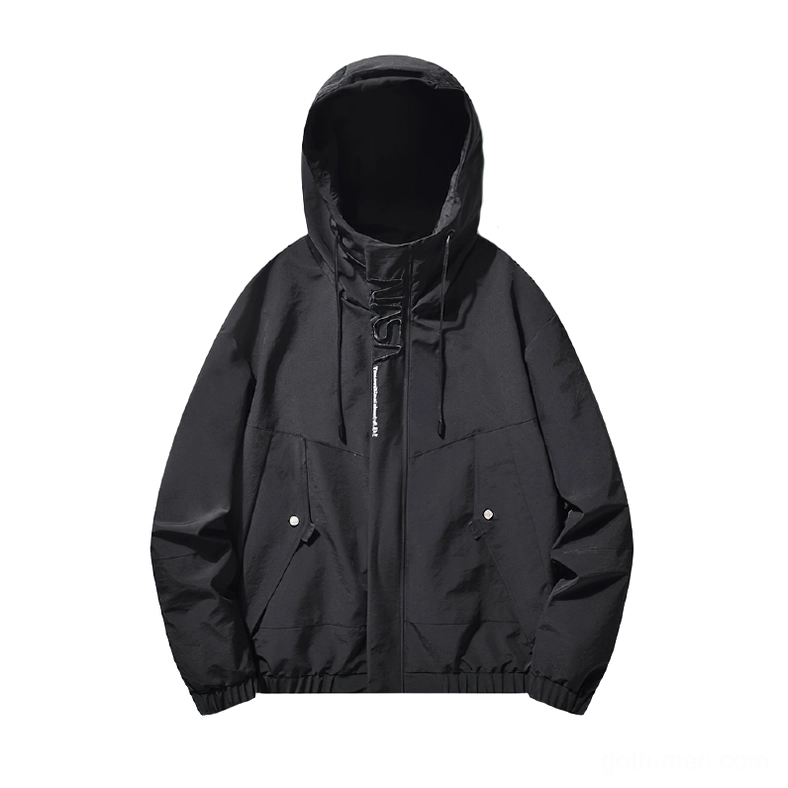 Black gothic hooded casual cargo jacket flat lay with zipper placket snap button pockets drawstring hood