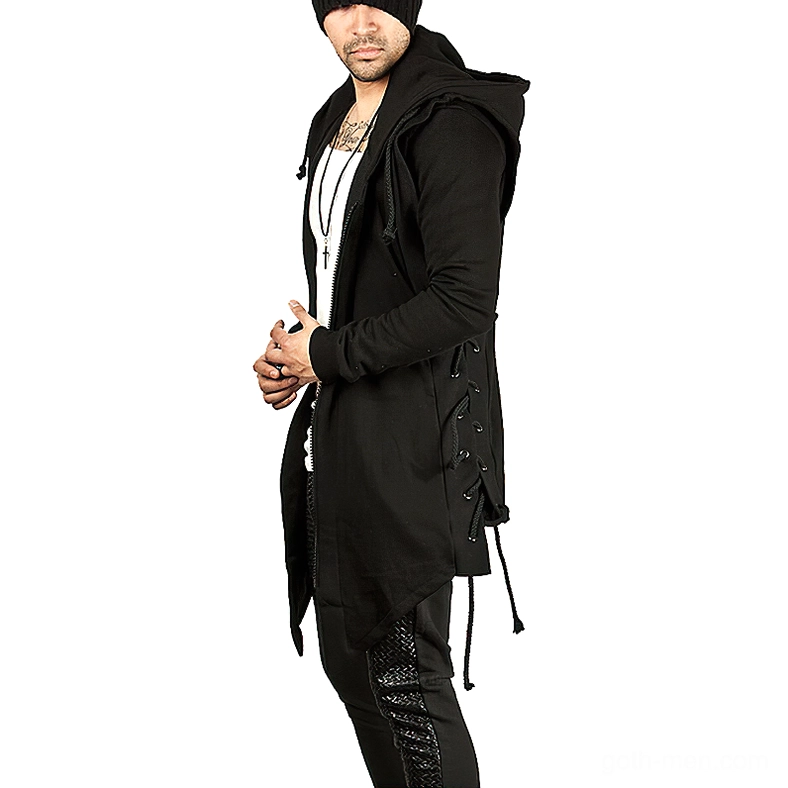 Black gothic hooded coat back view showing irregular hemline, drawstring hood, and extended silhouette