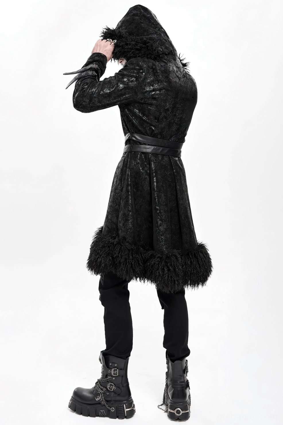 Black gothic hooded coat displayed showing cracked leather texture, buckle straps and alternative fashion styling potential