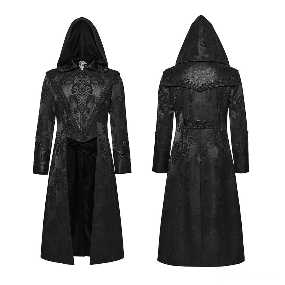 Flat lay front display of black gothic hooded coat with ornate embroidery and contrasting black lining