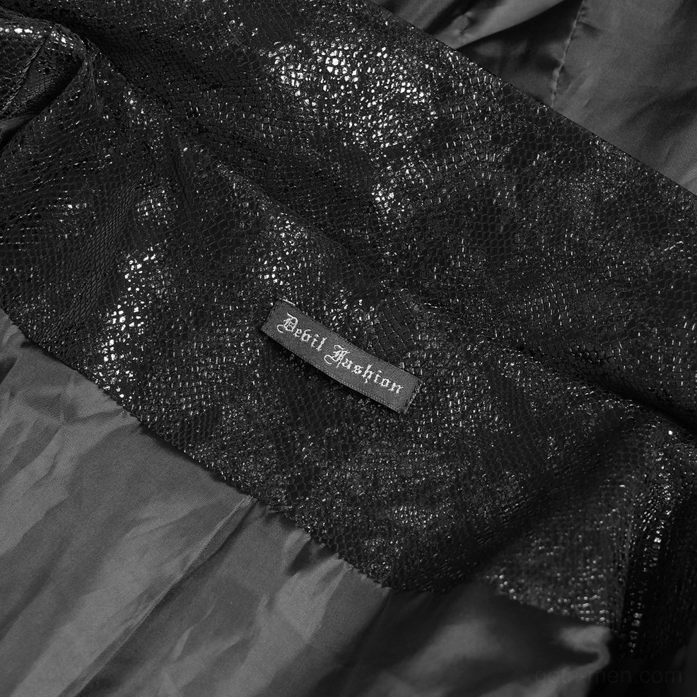 Front mannequin view of black gothic hooded coat with multiple strap placements, faux fur elements and cracked texture finish