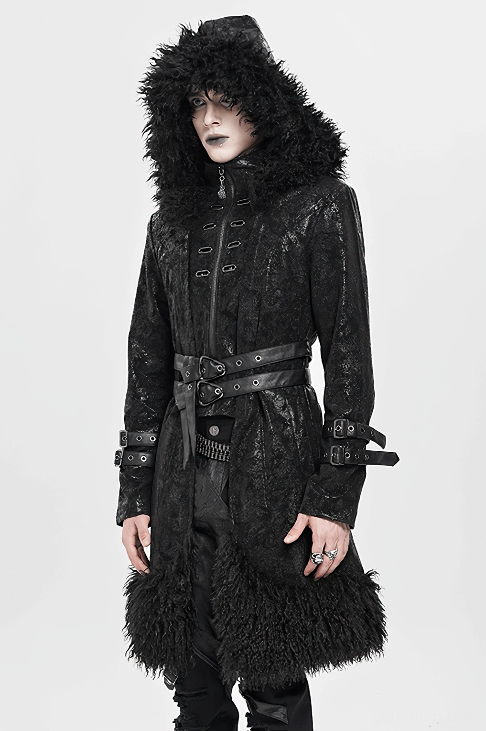 Alternative angle of black gothic hooded fur coat displaying toggle closures, faux fur trim and cracked leather aesthetic