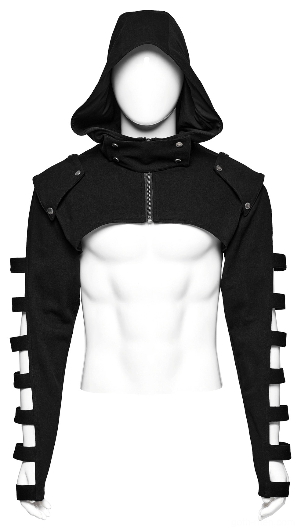 Black gothic hooded cropped jacket eye-level front view on male mannequin with studded shoulder accents