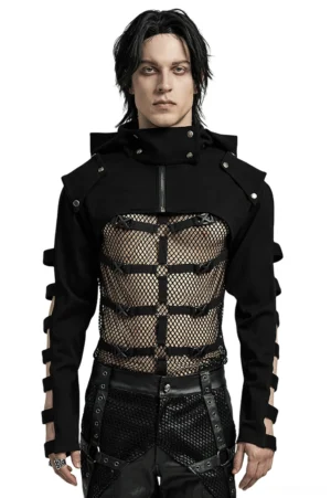 Black gothic hooded cropped jacket with hollow sleeve straps, front view on live male model in studio