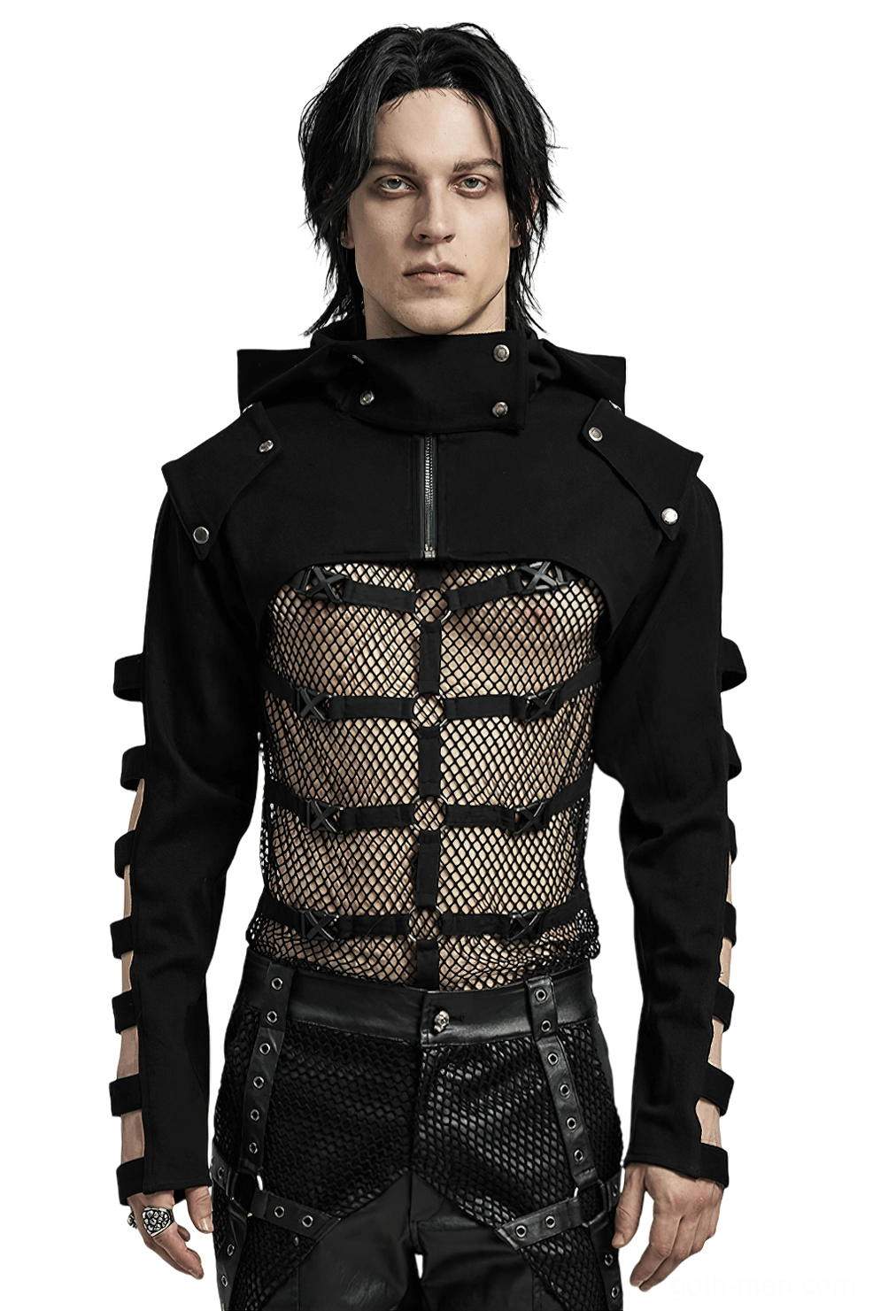 Black gothic hooded cropped jacket with hollow sleeve straps, front view on live male model in studio